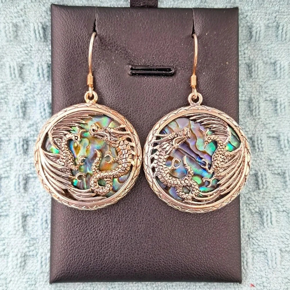 Abalone 925 Sterling Silver Phenix & Dragon Earrings - Picture 2 of 6